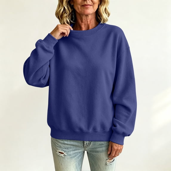Womens Oversized Solid Crewneck Pullover Loose Fit Long Sleeve Fleece Sweatshirt Casual Airport Trip Daily Fall Winter Fashion Top Navy L