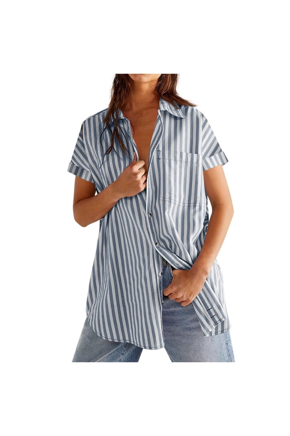 Womens Oversized Striped Button Up Shirts Boyfriend Short Sleeve Collared Work Blouses Dressy Causal
