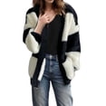 thumbnail image 1 of Womens Oversized Striped Cardigan V-Neck Button Open Front Knit Sweater Casual Soft Comfy Loose Knitted Coat Pockets (Black L), 1 of 5