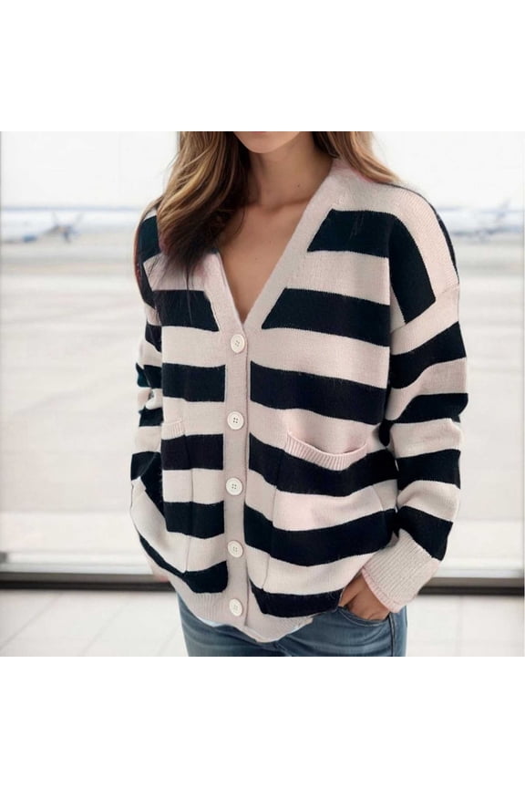 Womens Oversized Striped Cardigan V-Neck Button Open Front Knit Sweater Casual Soft Comfy Loose Knitted Coat Pockets (Black XL)