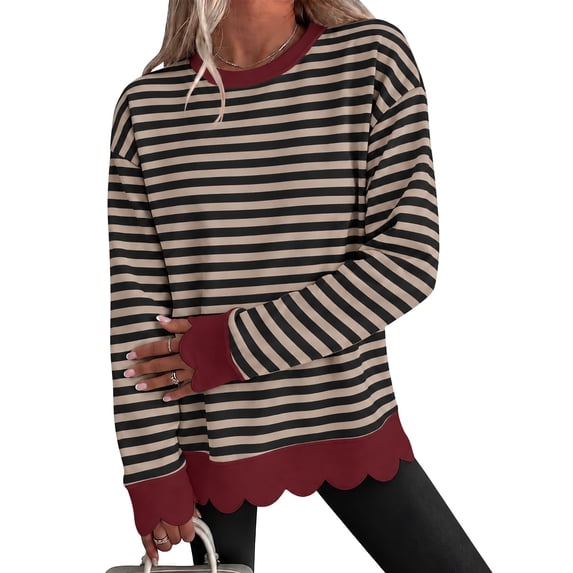 Womens Oversized Striped Crewneck Sweatshirt,Scalloped Long Sleeve Pullover Y2K Tops,Loose Fit Lightweight,Comfort Cute Sweatshirts,Soft Cozy Loungewear,2026 Fall Casual Trendy Outfits Coffee