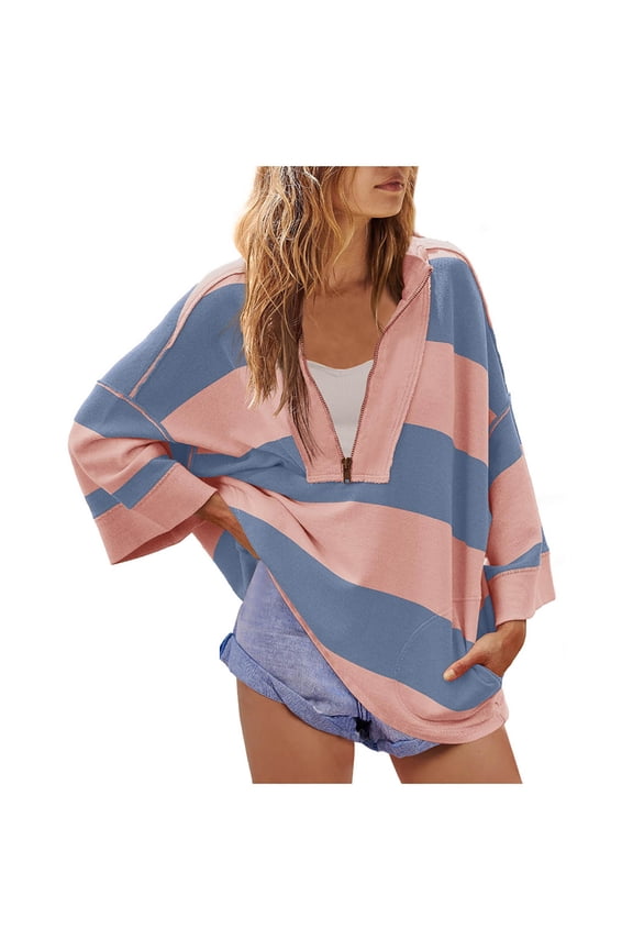 Womens Oversized Striped Half Zip Sweatshirt Y2k Color Block Deep V Neck Pullover Fashion Casual Loose Street Tops