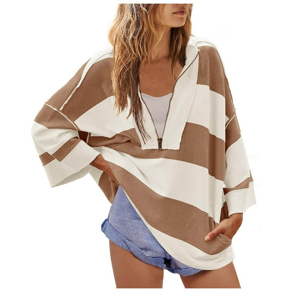 Womens Oversized Striped Half Zip Sweatshirt Y2k Color Block Deep V Neck Pullover Fashion Casual Loose Street Tops