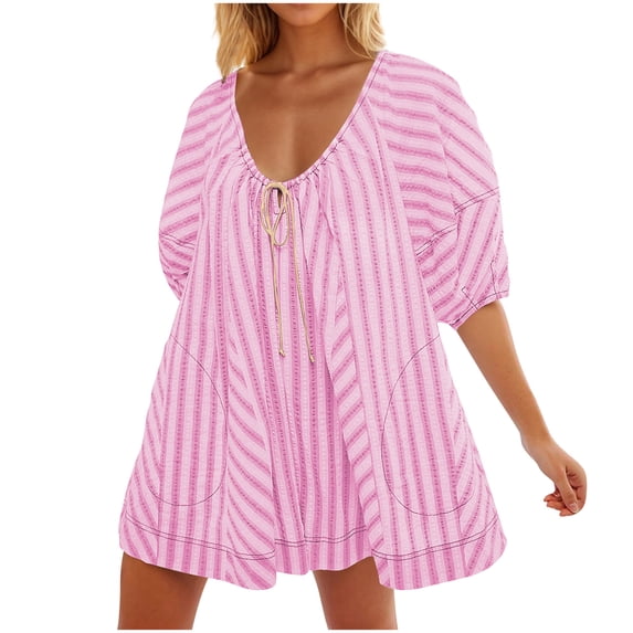 Womens Oversized Striped Jumpsuit Shorts with Pockets for Beach Vacation Clothes Pink L