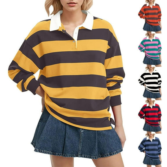 Womens Oversized Striped Long Sleeve Rugby Collar Pullover Top Loose Fit Casual Comfort Shirt