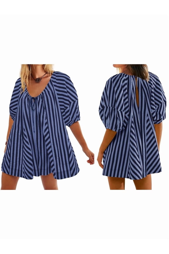 Womens Oversized Striped Romper Dress Shorts Jumpsuit Beach Vacation Clothes with Pockets Dark Blue S