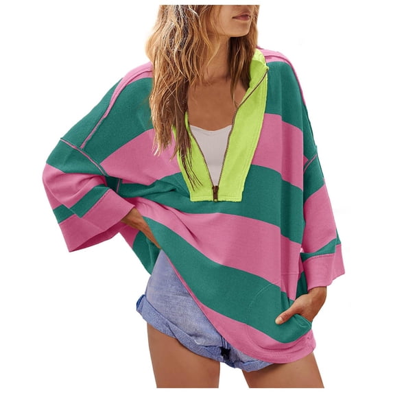 Womens Oversized Striped Shirt Half Zip Long Sleeve Sweatshirt V Neck Color Block Tops 2026 Spring Casual Tees Dressy Lightweight Comfy Outfits Going Out Tops Ladies Fashion Trendy