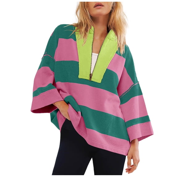 Womens Oversized Striped Shirt Half Zip Sweatshirt Color Block Neck Top Casual Long Sleeve Pullover Wide Horizontal Striped Shirts for Women Hot Pink S