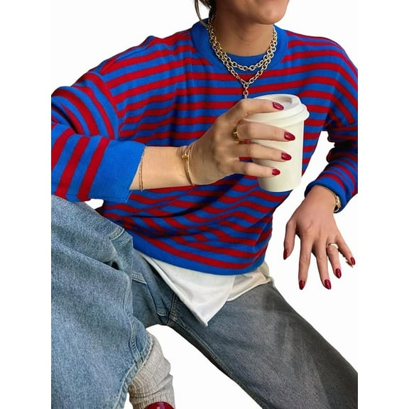 Womens Oversized Striped Sweater Crewneck Knit Long Sleeve Pullover Top Casual Y2K Fall Clothes 2025 Blue S