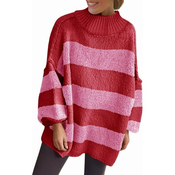 Womens Oversized Striped Sweater Mock Neck Chunky Knit Lantern Long Sleeve Fall Trendy Tunic Sweaters Top