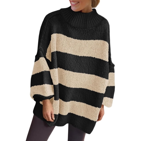 Womens Oversized Striped Sweater Mock Neck Chunky Knit Lantern Long Sleeve Fall Trendy Tunic Sweaters Top