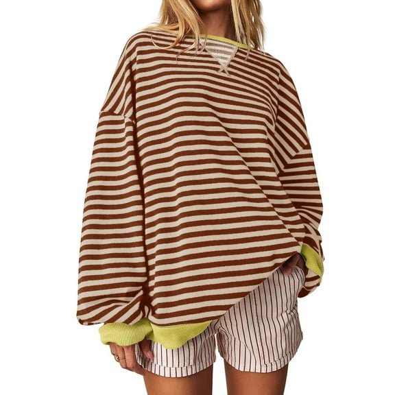 Womens Oversized Striped Sweatshirt Crewneck Long Sleeve Pullover Top Casual Y2K Fall Clothes 2025 Workout Shirt 07-Light Brown M