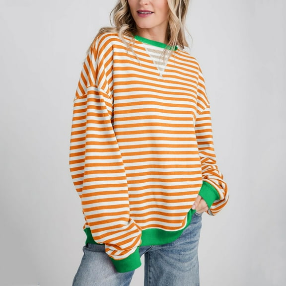 Womens Oversized Striped Sweatshirt Crewneck Long Sleeve Pullover Top Casual Y2K Fall Clothes 2025 Workout Shirt 10-Orange S