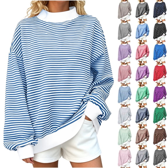 Womens Oversized Striped Sweatshirt Mock Neck Pullover Long Sleeve Tops Casual Loose Fit Fall Winter Clothes (XL, Sky Blue)