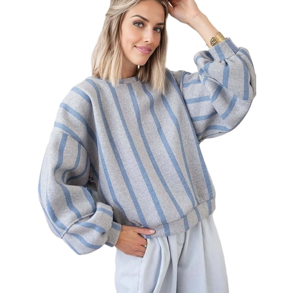 Womens Oversized Striped Sweatshirts Long Sleeve Color Block Crewneck Casual Pullover Tops Sea Blue Gray XL