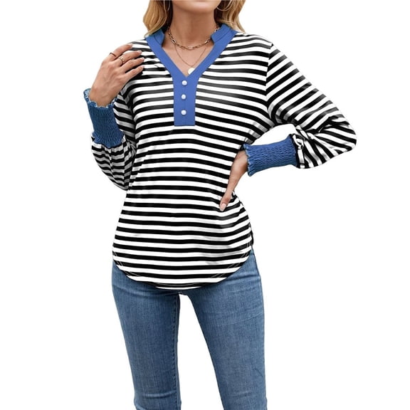 Womens Oversized Striped Sweatshirts Long Sleeve Shirt Cotton Loose Fit Henley Tops Black & White S