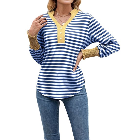 Womens Oversized Striped Sweatshirts Long Sleeve Shirt Cotton Loose Fit Henley Tops Blue & White L