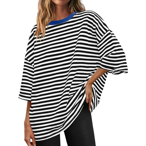 Womens Oversized Striped T Shirts Loose Fit Crewneck Short Sleeve Tops Summer Casual Blouse Y2K 2025 Basic Tee Black L