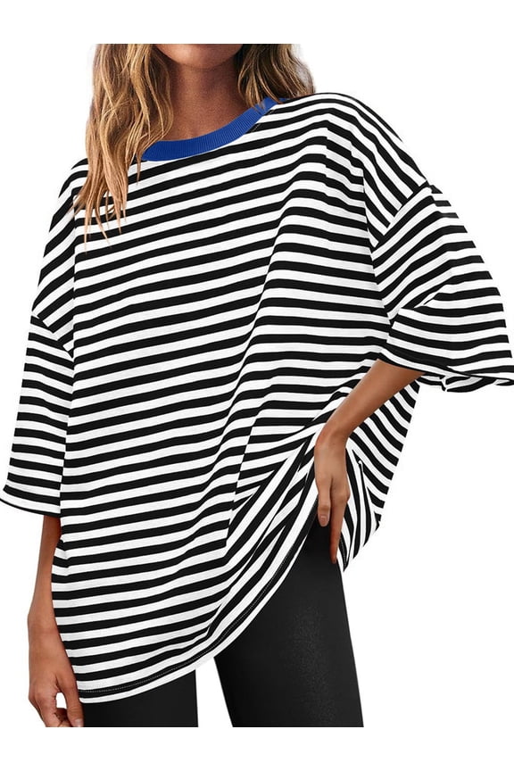 Womens Oversized Striped T Shirts Loose Fit Crewneck Short Sleeve Tops Summer Casual Blouse Y2K 2025 Basic Tee Black L