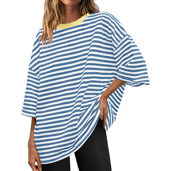 Womens Oversized Striped T Shirts Loose Fit Crewneck Short Sleeve Tops Summer Casual Blouse Y2K 2025 Basic Tee Blue S