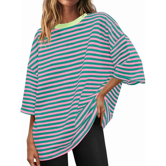 Womens Oversized Striped T Shirts Loose Fit Crewneck Short Sleeve Tops Summer Casual Blouse Y2K 2025 Basic Tee Green XL