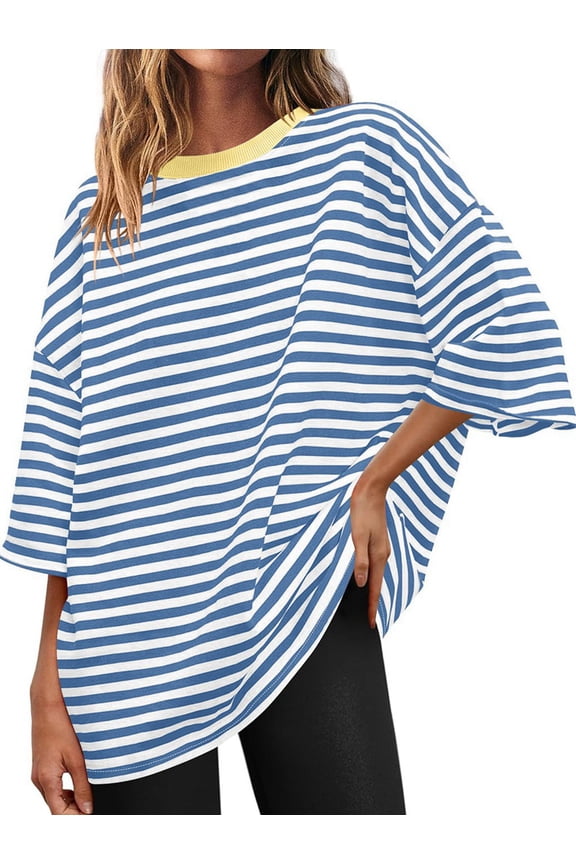 Womens Oversized Striped T Shirts Loose Fit Crewneck Short Sleeve Tops Summer Casual Blouse Y2K Basic Tee Blue M