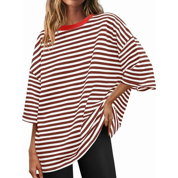 Womens Oversized Striped T Shirts Loose Fit Crewneck Short Sleeve Tops Summer Casual Blouse Y2K Coffee Color XL