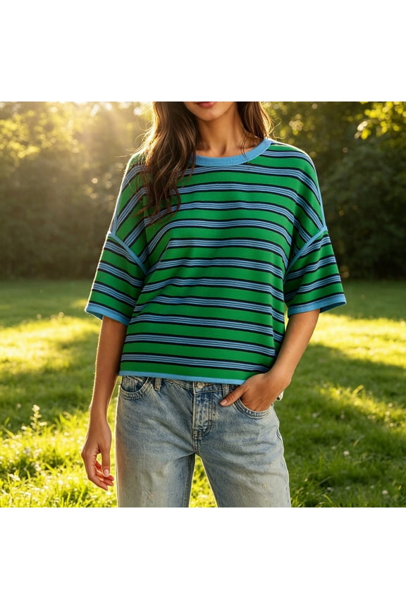 Womens Oversized Striped T-Shirts Summer Casual Color Block Short Sleeve Tops Drop Shoulder Boxy Tees GN1 L