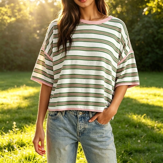 Womens Oversized Striped T-Shirts Summer Casual Color Block Short Sleeve Tops Drop Shoulder Boxy Tees GN2 XXL