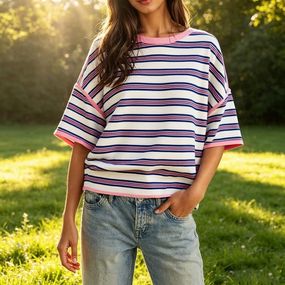 Womens Oversized Striped T-Shirts Summer Casual Color Block Short Sleeve Tops Drop Shoulder Boxy Tees Purple L