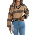 thumbnail image 1 of Womens Oversized Striped Tunic Sweaters Casual V Neck Long Sleeve Color Block Knit Pullover Jumper Tops Khaki L, 1 of 8