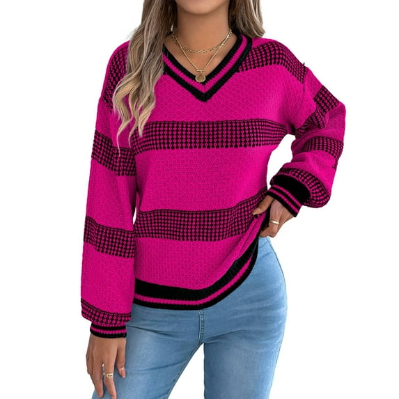 Womens Oversized Striped Tunic Sweaters Casual V Neck Long Sleeve Color Block Knit Pullover Jumper Tops Rose Red S