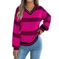 thumbnail image 1 of Womens Oversized Striped Tunic Sweaters Casual V Neck Long Sleeve Color Block Knit Pullover Jumper Tops Rose Red XL, 1 of 9