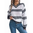 thumbnail image 1 of Womens Oversized Striped Tunic Sweaters Casual V Neck Long Sleeve Color Block Knit Pullover Jumper Tops White S, 1 of 9