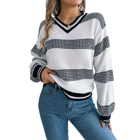 Womens Oversized Striped Tunic Sweaters Casual V Neck Long Sleeve Color Block Knit Pullover Jumper Tops White S