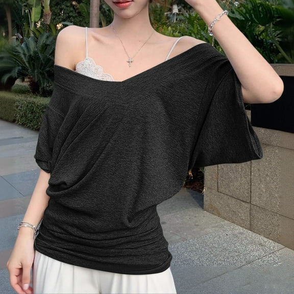 Womens Oversized Summer Shirt Tops V-Neck Solid Color Tee Tops Batwing Sleeve Tops (Black S/1)