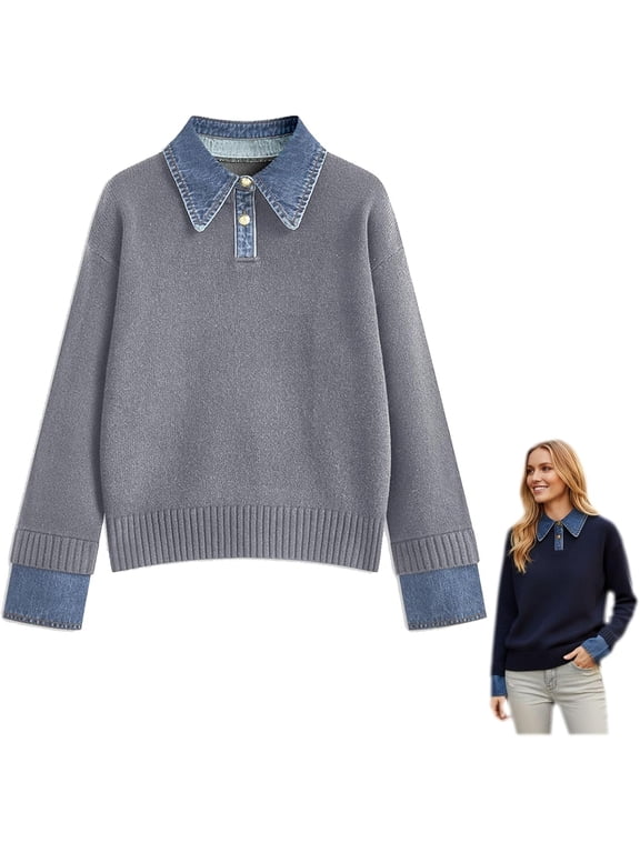 Womens Oversized Sweater Cozy Fall Denim Lapel Polo Knit Collared Sweaters, Long Sleeve Button Up Pullover Tunic Tops for Women