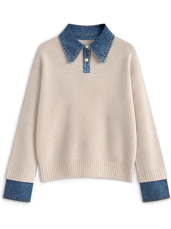 Womens Oversized Sweater Cozy Fall Denim Lapel Polo Knit Collared Sweaters, Long Sleeve Pullover Tops, Loose Office Work Sweaters