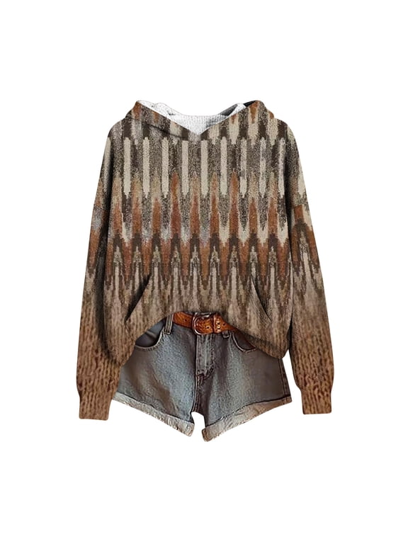 Womens Oversized Sweater Hoodie Western Ethnic Print Knit Pullover Loose Winter Tops Pocket Casual Boho Sweaters (M, Khaki 01)