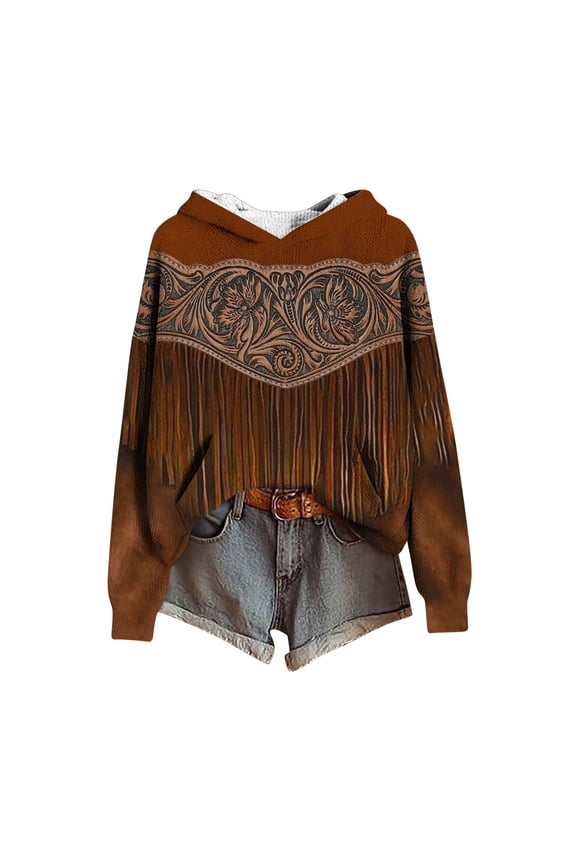 Womens Oversized Sweater Hoodie Western Ethnic Print Knit Pullover Loose Winter Tops Pocket Casual Boho Sweaters (XL, Brown 01)