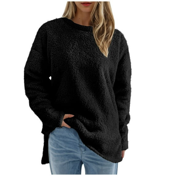 Womens Oversized Sweater Loose Long Sleeve Crew Neck Knit Tops Winter Casual Solid Color Pullover Sweatshirts (Black L)