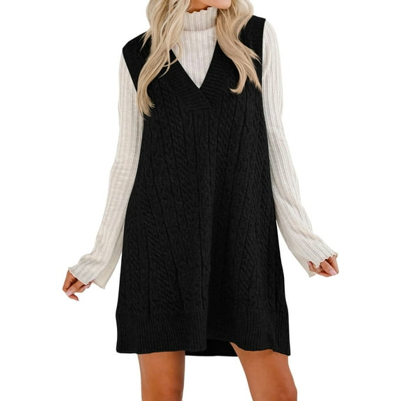 Womens Oversized Sweater Vest Dress V Neck Sleeveless Fall Trendy Casual Knit Cable Mini Dresses Black XL