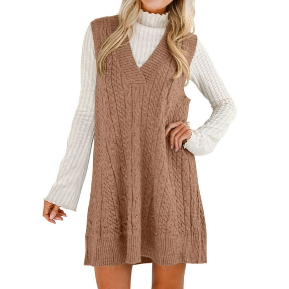 Womens Oversized Sweater Vest Dress V Neck Sleeveless Fall Trendy Casual Knit Cable Mini Dresses Dark Brown L