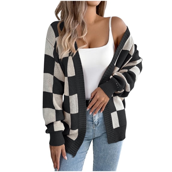 Womens Oversized Sweaters Casual Fall Long Sleeve Checkered Cardigan Open Front Ribbed Knit Outerwear Sweater Tops