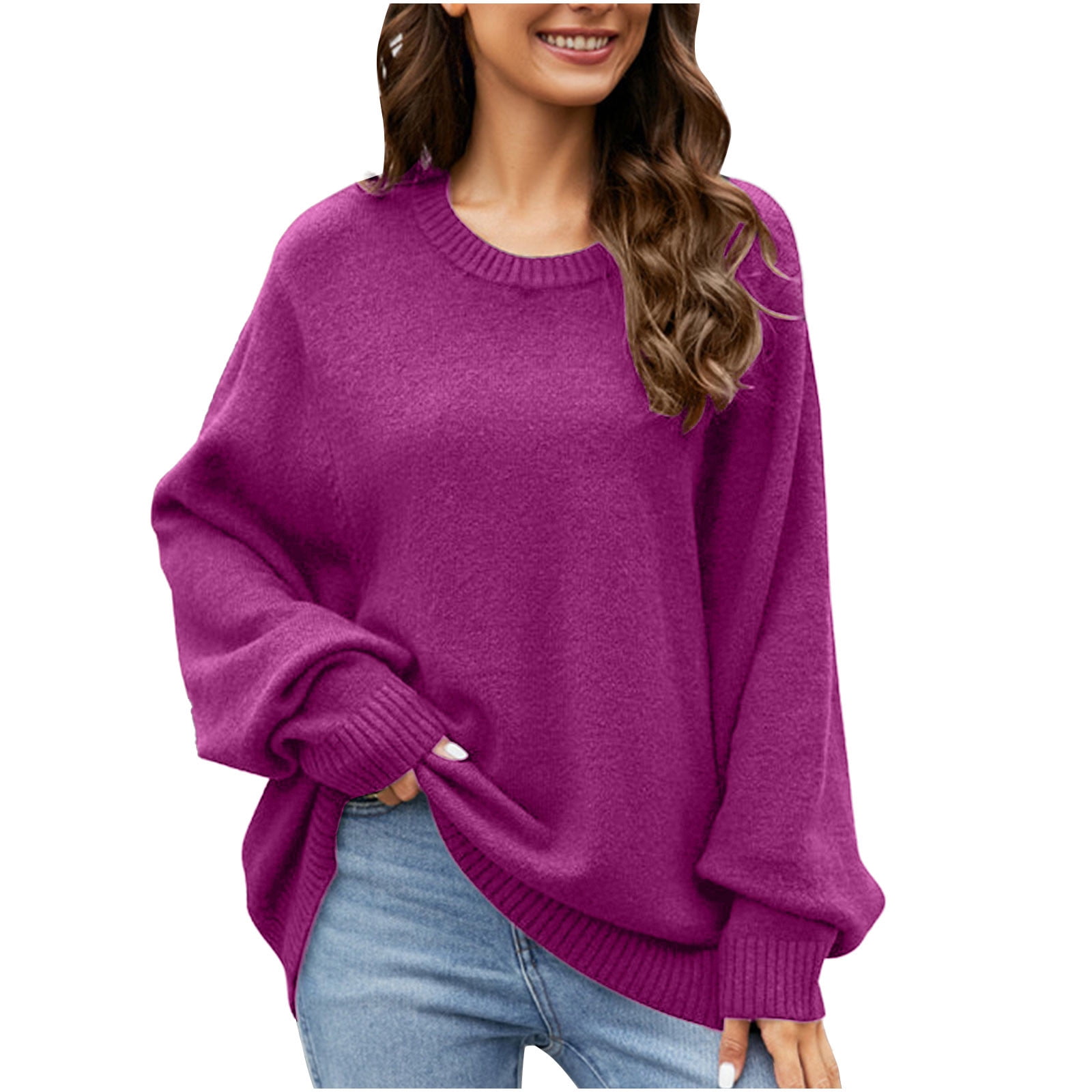 Womens Oversized Sweaters Crew Neck Loose Comfy Knitted Pullover Top ...