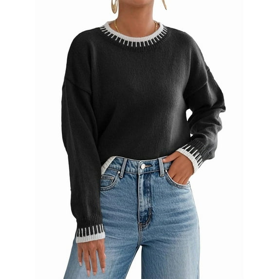 Womens Oversized Sweaters Crewneck Color Block Winter Sweater Lantern Sleeve Side Slit Knit Pullover Tops Black L