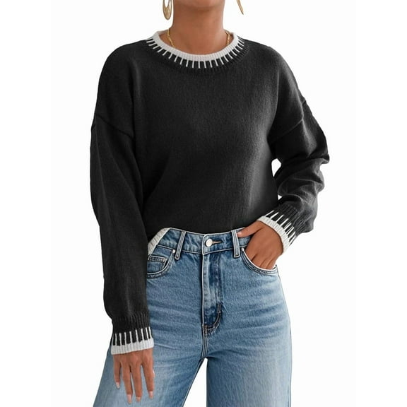Womens Oversized Sweaters Crewneck Color Block Winter Sweater Lantern Sleeve Side Slit Knit Pullover Tops Black XL