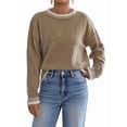 thumbnail image 1 of Womens Oversized Sweaters Crewneck Color Block Winter Sweater Lantern Sleeve Side Slit Knit Pullover Tops Khaki S, 1 of 8