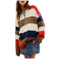 thumbnail image 1 of Womens Oversized Sweaters Fall Half Zipper Turtleneck Sweater Loose Striped Long Sleeve Pullover Knitted Sweatshirt (Brown L), 1 of 5