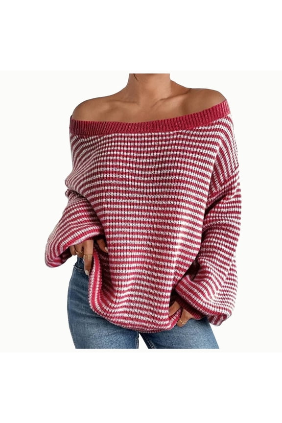 Womens Oversized Sweaters Fashion Striped Off Shoulder Knit Tops Long Sleeve Loose Sweater Blouses (M, Red)